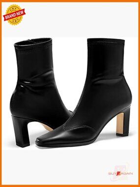 Chunky Heel Square Toe Ankle Boots Side Zipper Winter Dress Shoes